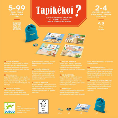 Djeco Tapikékoi Verpackungsrückseite mit orange Hintergrund, vier Holzpuzzle-Tafeln, türkisblauem Beutel und Spielplättchen