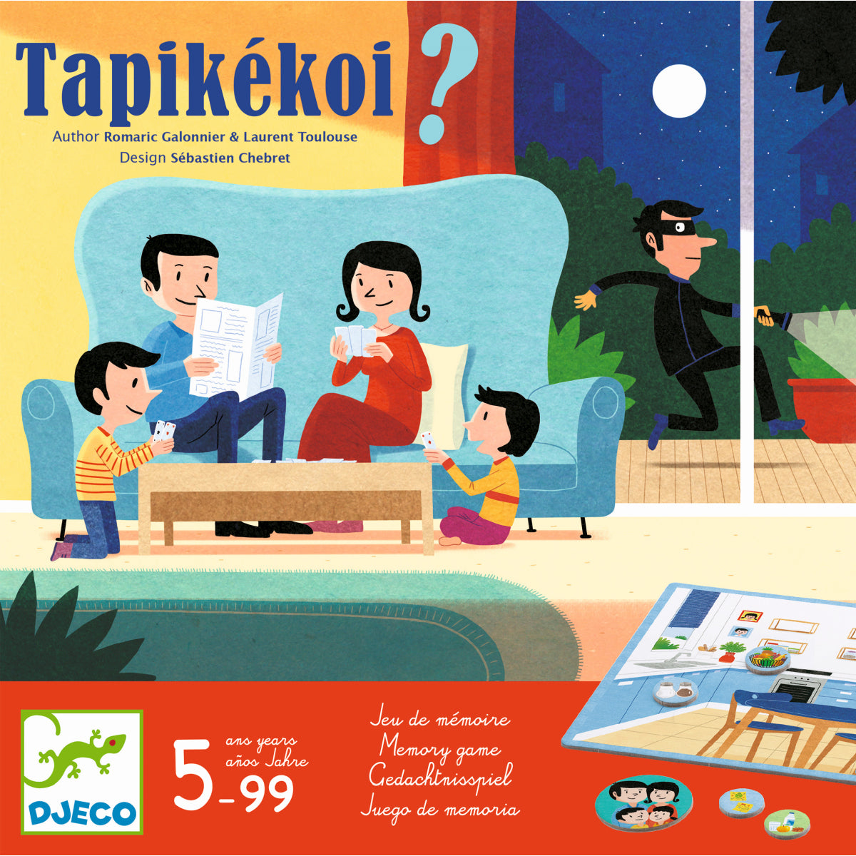 Djeco Tapikékoi Verpackung mit Familie im Wohnzimmer, Einbrecher am Fenster und Spielmaterialien