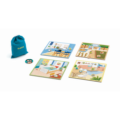 Djeco Tapikékoi mit türkisblauem Beutel, vier Holzpuzzle-Tafeln und rundem Spielplättchen