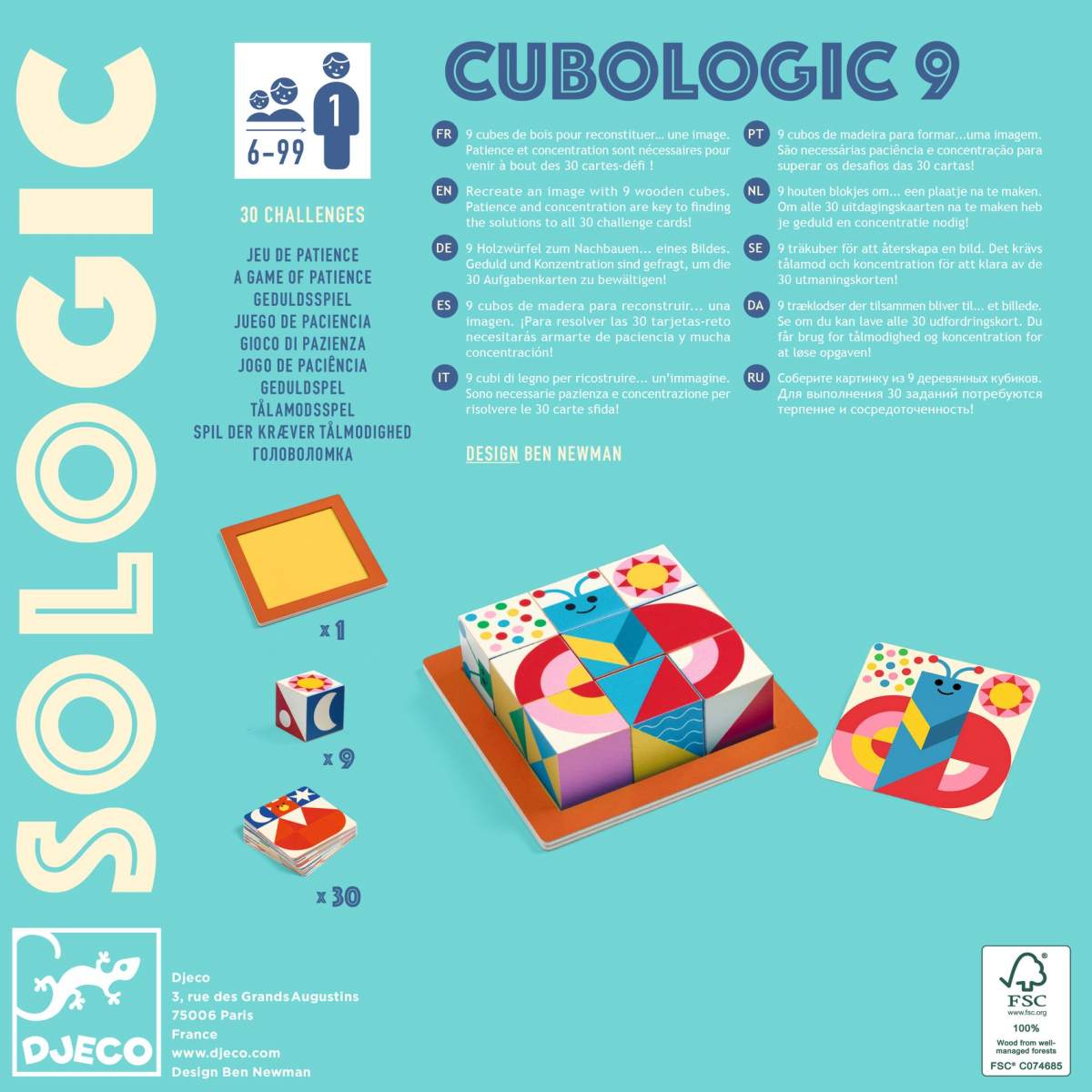 Djeco Cubologic 9 Verpackung von vorne mit Spielregeln, bunten Holzwürfeln und Holzrahmen