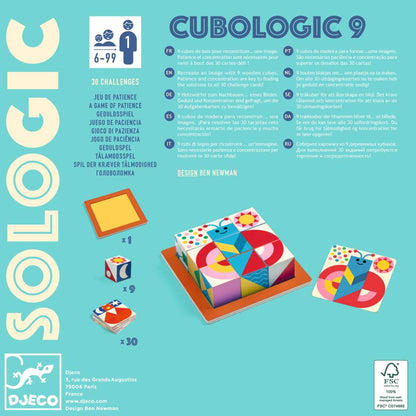 Djeco Cubologic 9 Verpackung von vorne mit Spielregeln, bunten Holzwürfeln und Holzrahmen