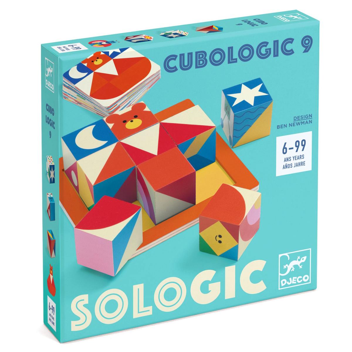 Djeco Cubologic 9 Verpackung mit bunten Holzwürfeln in Rot, Blau, Gelb und Rosa
