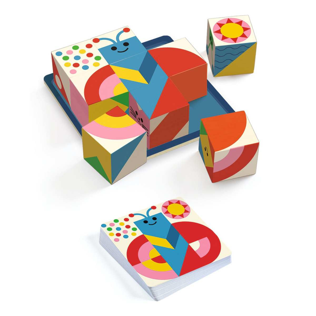 Djeco Cubologic 9 Knobelspiel mit blauem Holzschmetterling auf bedruckten Würfeln und Lösungskarten