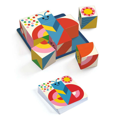 Djeco Cubologic 9 Knobelspiel mit blauem Holzschmetterling auf bedruckten Würfeln und Lösungskarten