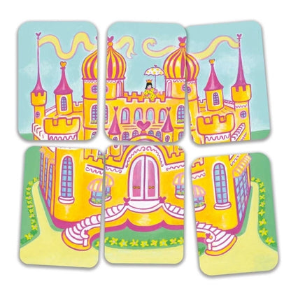 Kartenspiel Diamoniak von Djeco mit farbenfrohen Illustrationen von Schlössern und Prinzessinnen