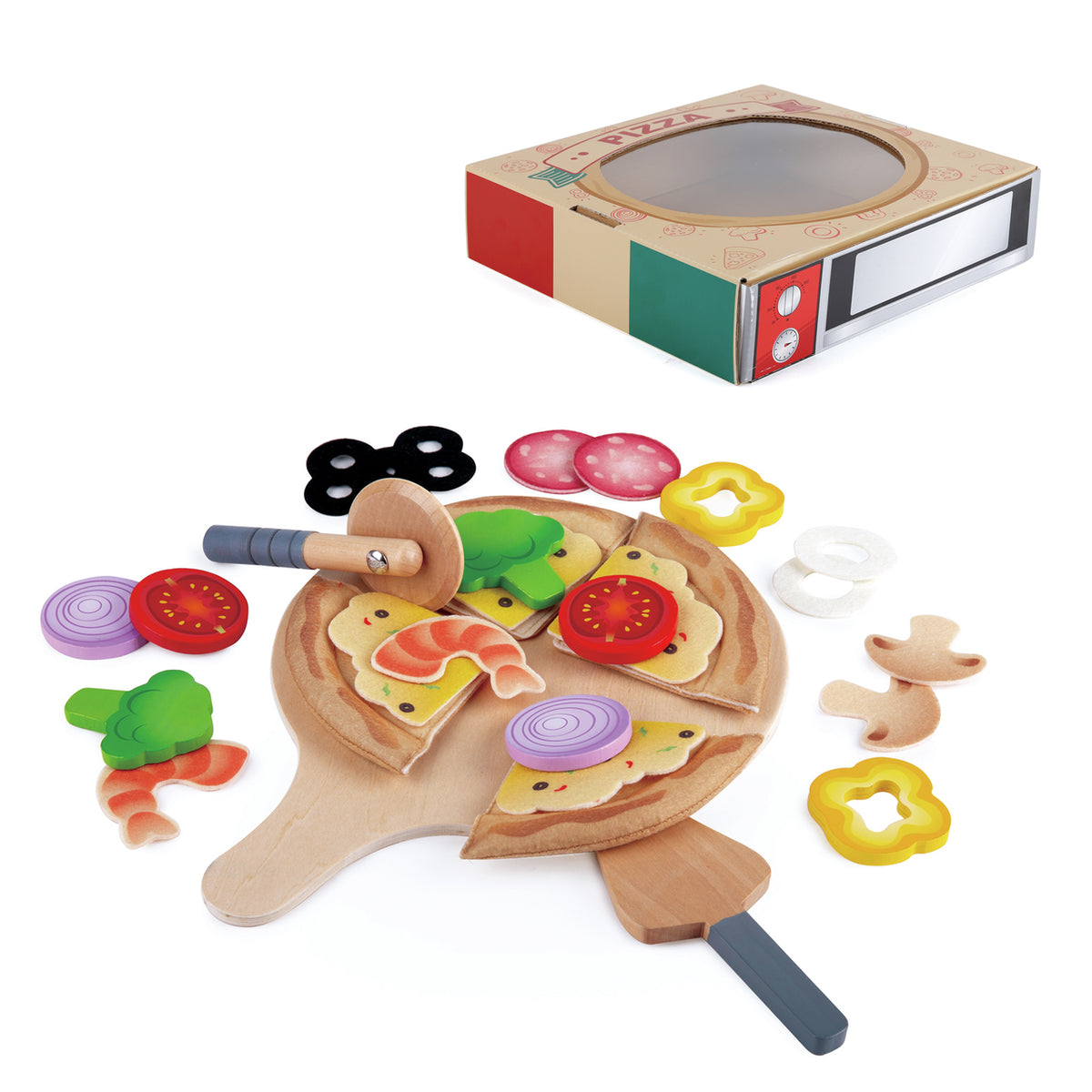 Hape Pizza-Set mit Holzpizza auf Servierbrett, Pizzaschieber und bunten Belagteilen aus Holz, Verpackung oben