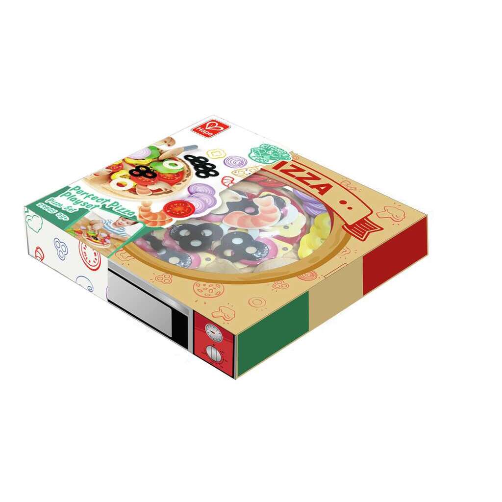 Hape Pizza-Set Verpackung mit Spielzeugen auf der Schachteltop, Pizzateile und Zubehör sichtbar