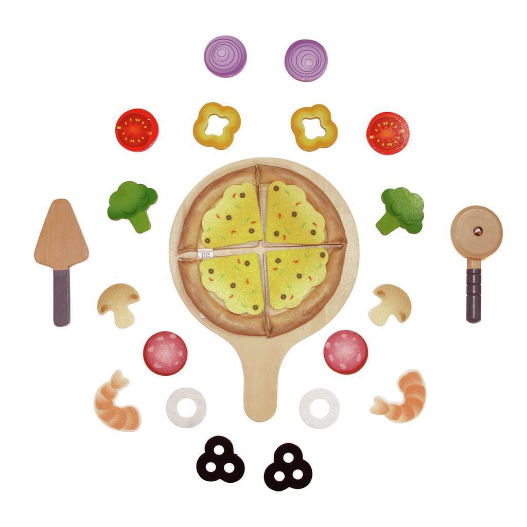 Hape Pizza-Set mit Holzpizza in vier Teilen, Pizzaschieber und Zubehör wie Gemüse und Garnelen