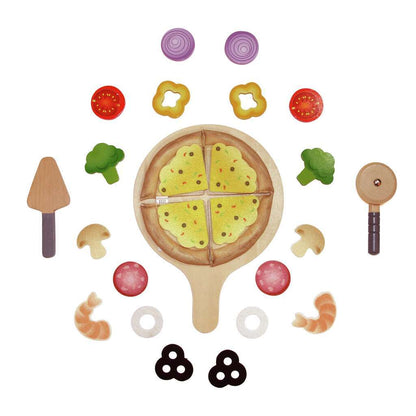 Hape Pizza-Set mit Holzpizza in vier Teilen, Pizzaschieber und Zubehör wie Gemüse und Garnelen