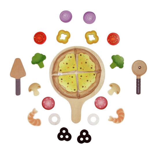 Hape Pizza-Set mit Holzpizza in vier Teilen, Pizzaschieber und Zubehör wie Gemüse und Garnelen