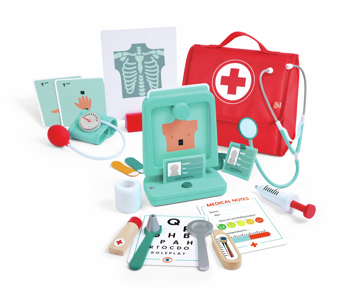 Hape Doktor-Set mit Zubehör: rote Tasche, grüne Box, Stethoskop, Röntgenbild, Sehtesttafel und Holzinstrumente