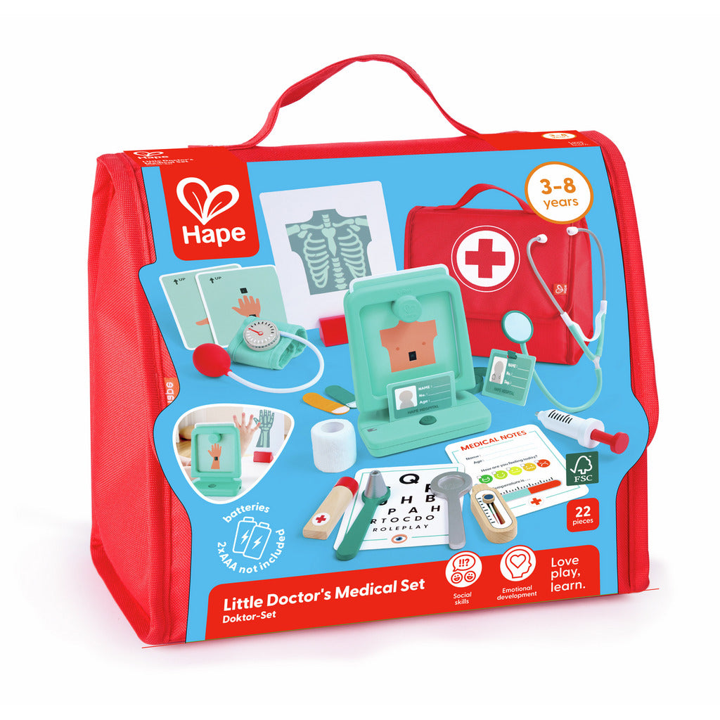 Hape Doktor-Set in roter Tragetasche mit Stethoskop, Spritze, Röntgenbild und grüner Arztbox