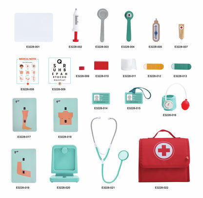 Hape Doktor-Set Zubehörteile einzeln mit Nummern: Thermometer, Spritzen, Spatel, Stethoskop, Sehtafeln, rote Arztkoffer