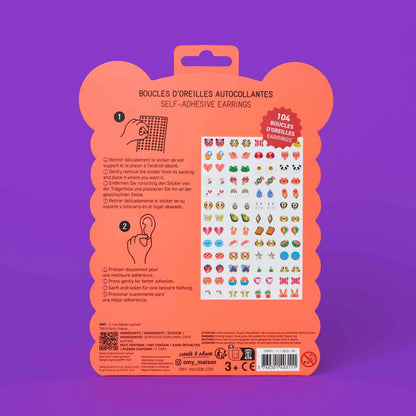 OMY Ohrringe-Verpackungsrückseite mit Anleitung und über 100 bunten Kawaii-Stickern