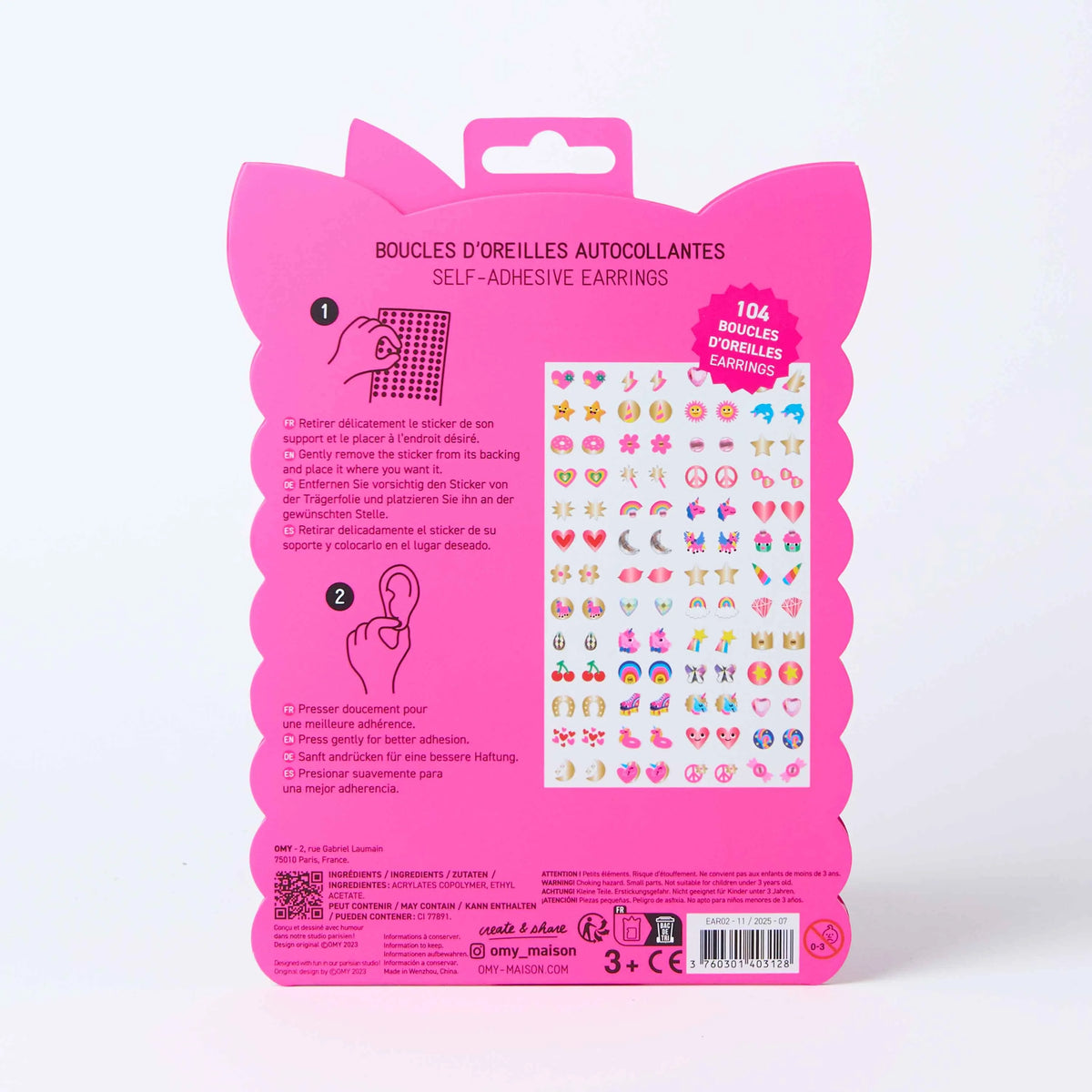 OMY Lily Ohrringe zum Aufkleben, Verpackung mit Anleitung und über 100 bunten Stickermotiven