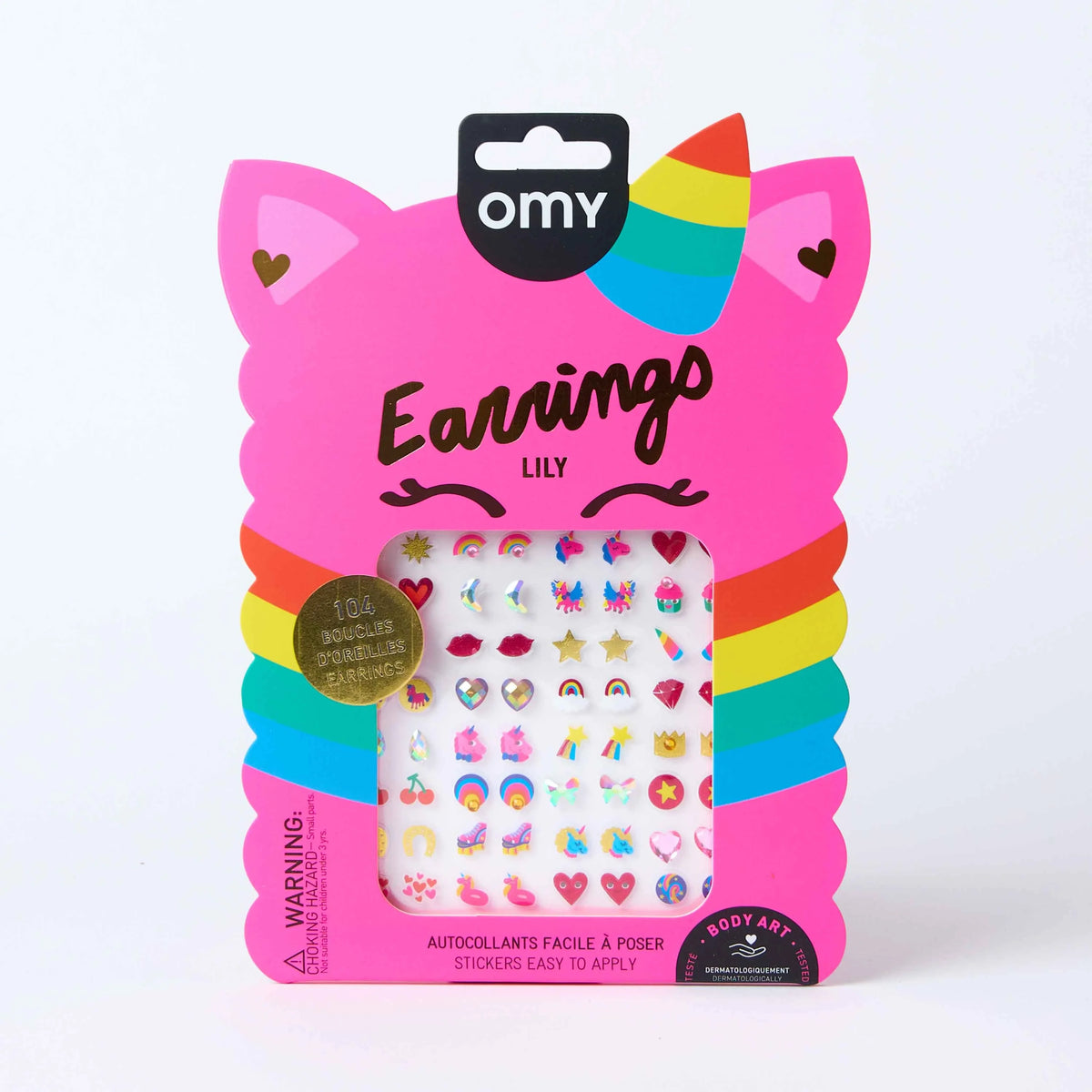 OMY Lily Ohrringe, Verpackung mit rosa Katzenkopf und buntem Stickerbogen mit Motiven