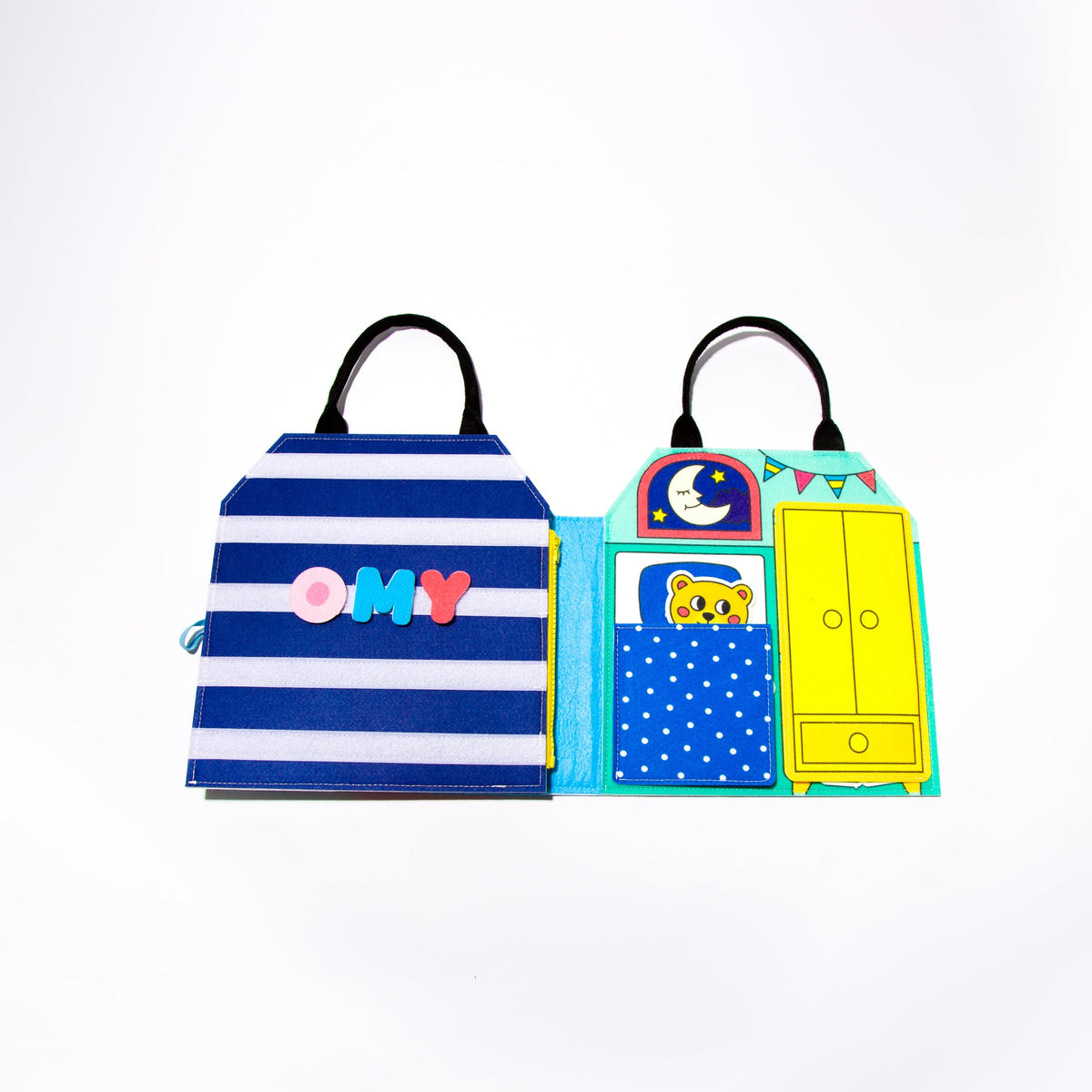 OMY Montessori-Spielset Mein Tag, drei geschlossene bunte Taschen mit Henkeln nebeneinander