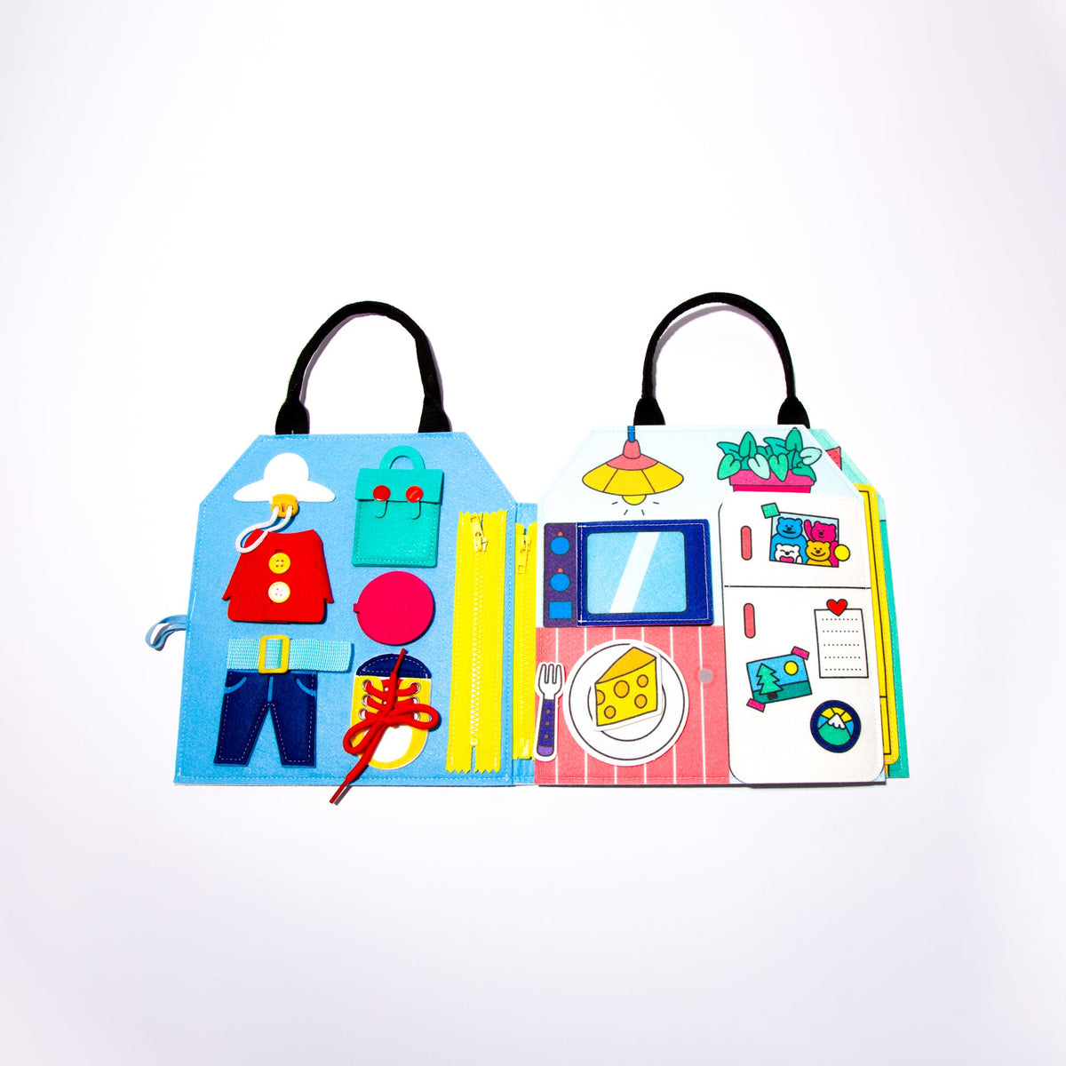 OMY Montessori-Spielset Mein Tag, aufgeklappt mit bunten Stoffseiten, Knöpfen, Taschen und Lernmotiven
