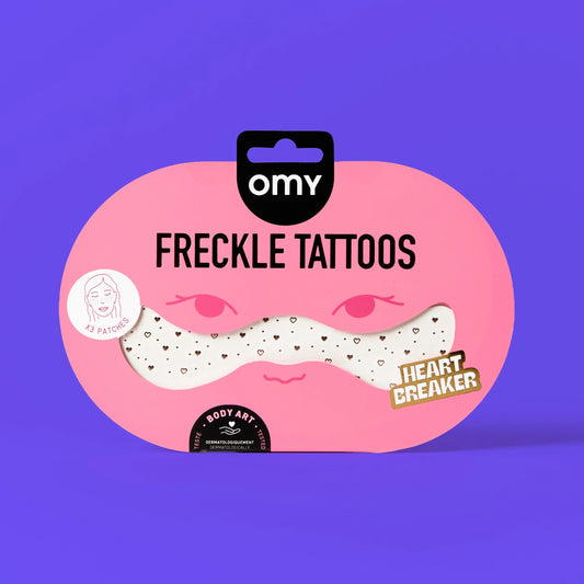 OMY Freckle Tattoos Heart Breaker, Verpackung mit rosa ovalem Design und weißer Sprossen-Tattoo-Bahn