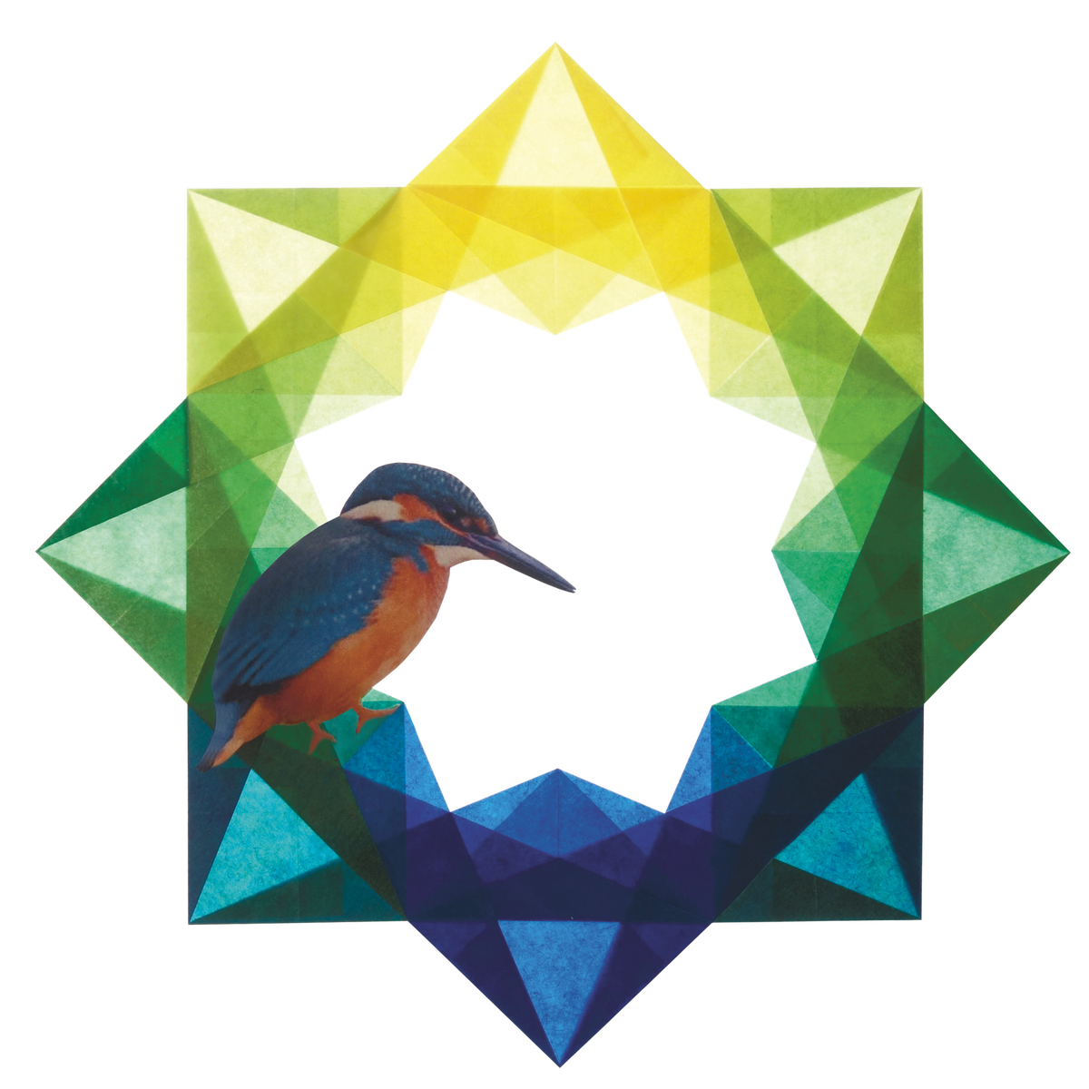 Farbenzauber in Frühlingsfarben von Gelb über Grün bis Blau, im Ring ein Eisvogel als Dekovorschlag