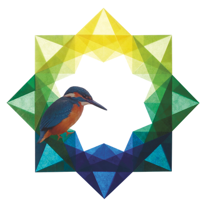 Farbenzauber in Frühlingsfarben von Gelb über Grün bis Blau, im Ring ein Eisvogel als Dekovorschlag