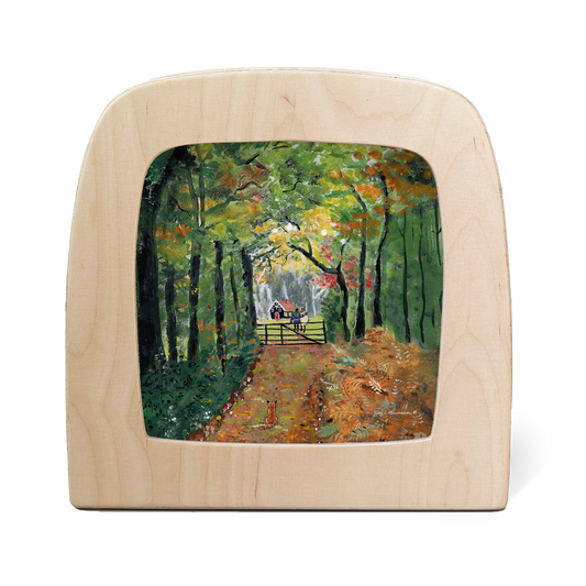Toverlux Silhouettenlampe mit Herbstwald-Motiv, helles Holzgehäuse mit Waldweg und Bäumen