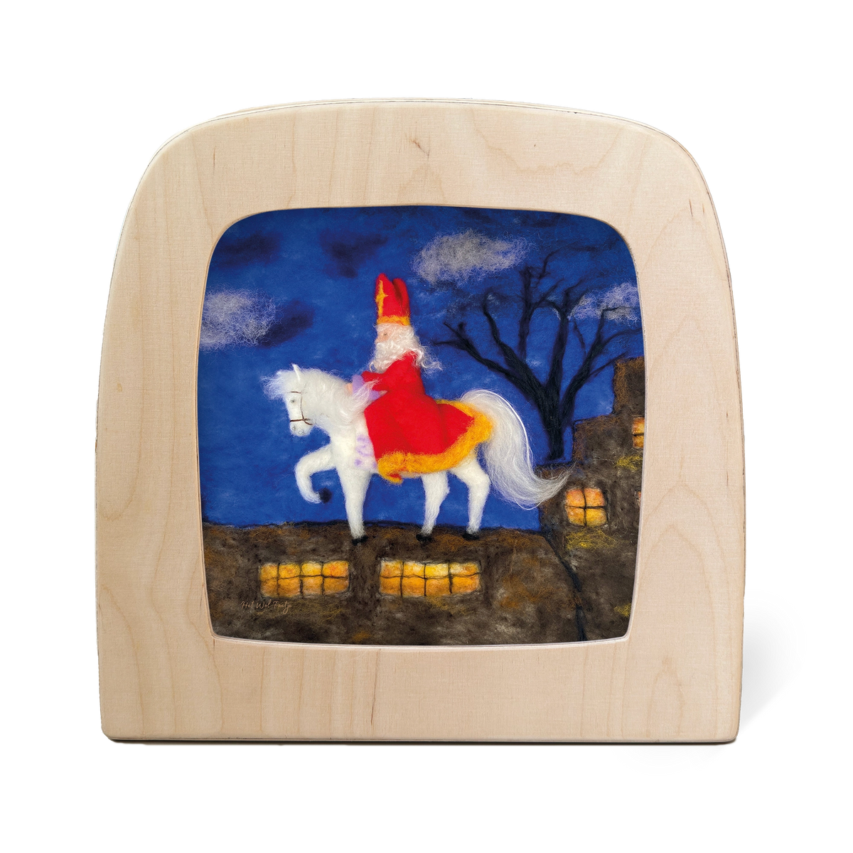 Toverlux Silhouettenlampe mit Filzszene, weißes Pferd mit rotem Sattel und Weihnachtsmann unter blauem Himmel