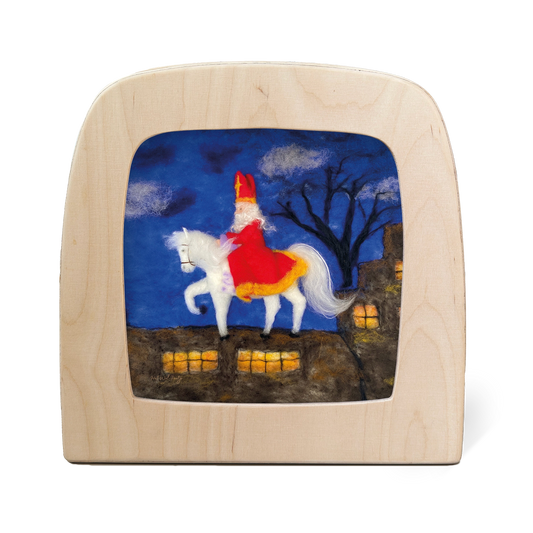 Toverlux Silhouettenlampe mit Filzszene, weißes Pferd mit rotem Sattel und Weihnachtsmann unter blauem Himmel