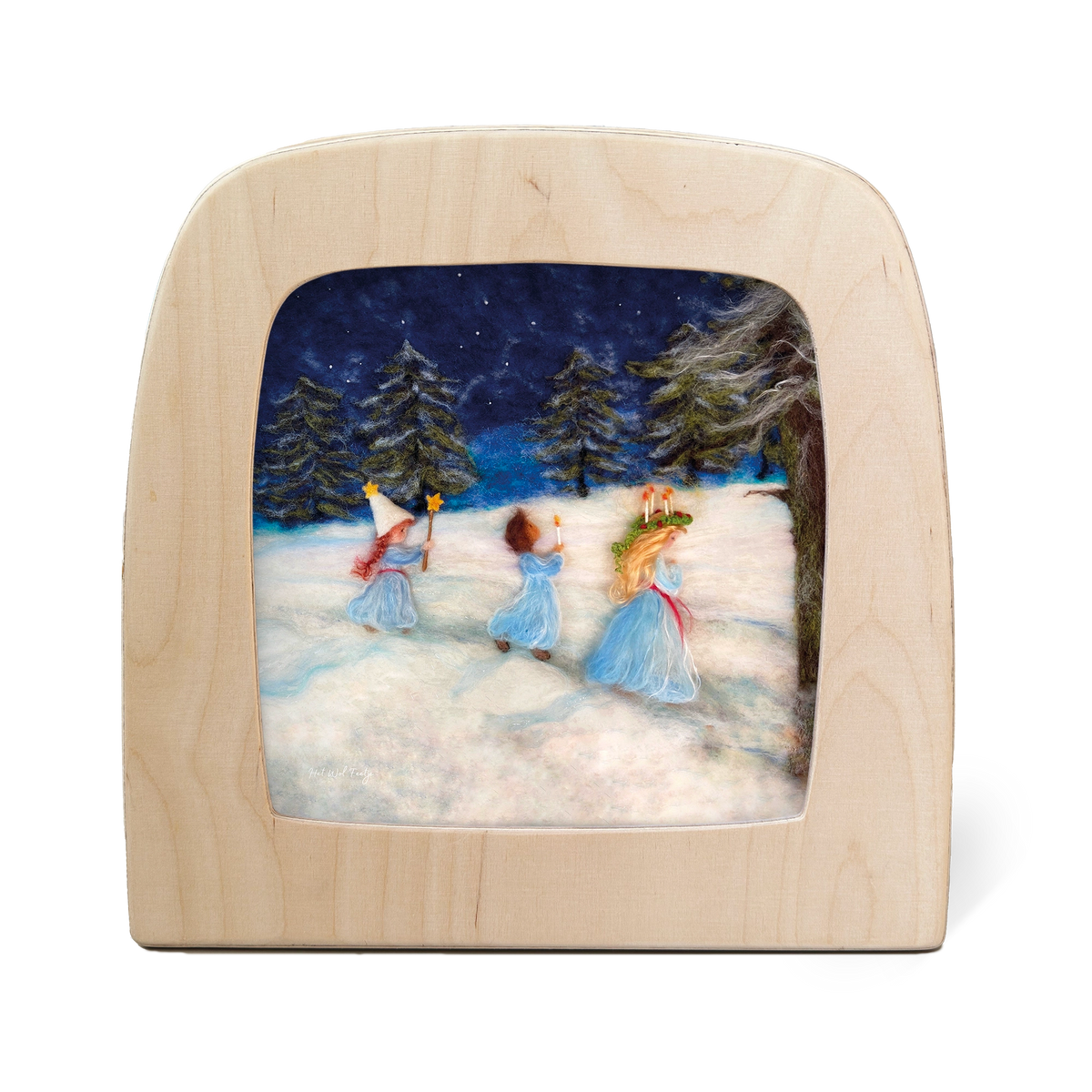 Toverlux Silhouettenlampe mit Holzrahmen, Wollfilz-Szene von drei Mädchen in Schneeландschaft bei Nacht