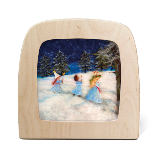 Toverlux Silhouettenlampe mit Holzrahmen, Wollfilz-Szene von drei Mädchen in Schneeландschaft bei Nacht