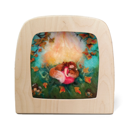Toverlux Het Wol Feetje Silhouettenlampe, Holzrahmen mit leuchtender Herbstszene und schlafendem Kind