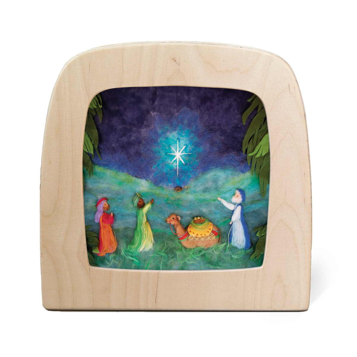 Toverlux Silhouettenlampe aus Holz mit den heiligen drei Königen, Kamel und Weihnachtsstern