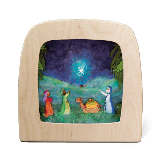 Toverlux Silhouettenlampe aus Holz mit den heiligen drei Königen, Kamel und Weihnachtsstern