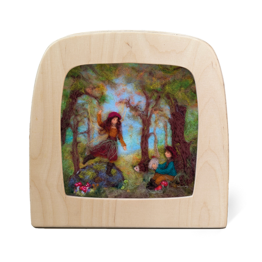 Toverlux Silhouette Autumn Dance in der Holzlampe: Filzbild mit tanzender Figur und Kind im Wald
