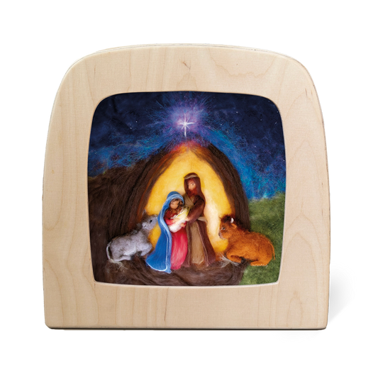 Toverlux Silhouettenlampe Wol Feetje, Holzrahmen mit leuchtender Weihnachtskrippen-Szenerie