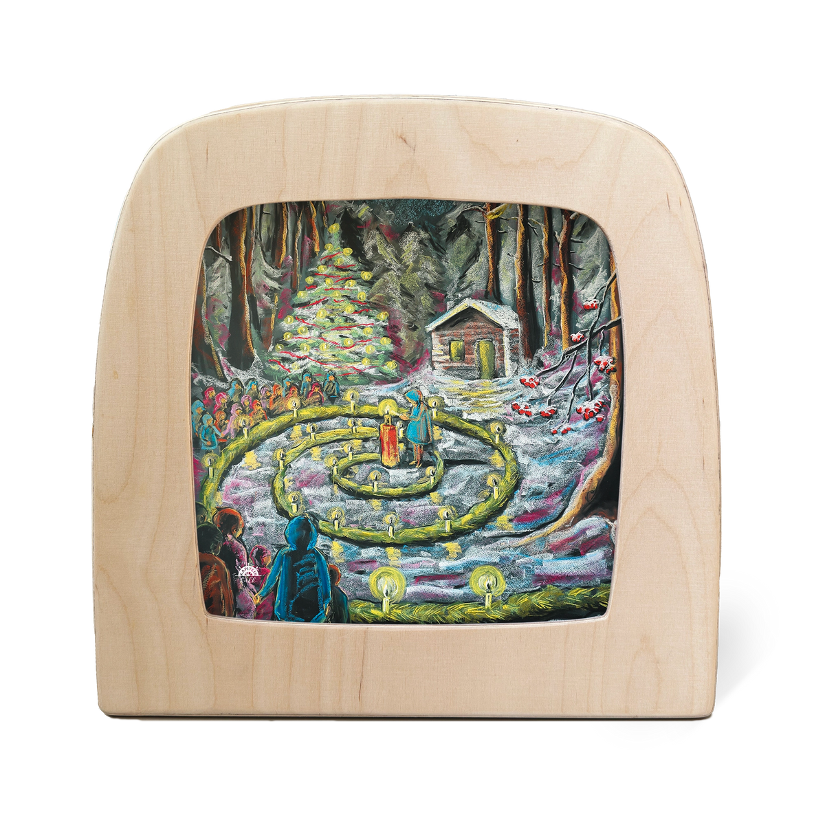 Toverlux Kapitein Kalk Silhouettenlampe mit Holzrahmen, bunte Waldszene mit Häuschen und Weihnachtsbaum