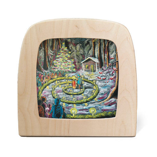 Toverlux Kapitein Kalk Silhouettenlampe mit Holzrahmen, bunte Waldszene mit Häuschen und Weihnachtsbaum
