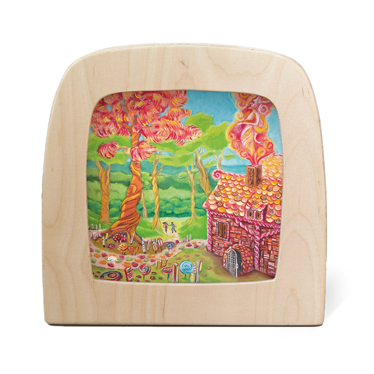 Toverlux Silhouettenlampe Hänsel und Gretel mit Holzrahmen, buntes Märchenmotiv mit roten Blüten und Häuschen