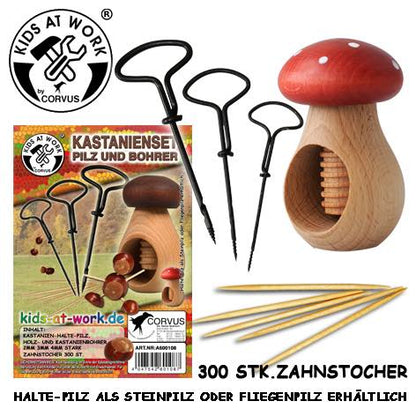 Corvus Kids at Work Kastanienhalter Fliegenpilz aus Holz mit rotem Hut, drei Bohrern und Zahnstochern