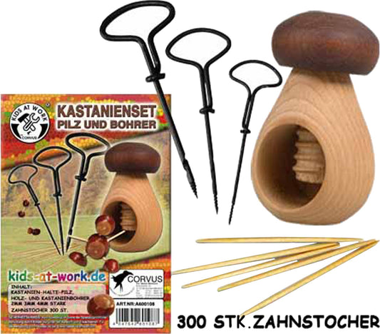 Corvus - Kids at work - Kastanienhalter und Nussknacker mit 3 Bohrer - Fliegenpilz oder Steinpilz