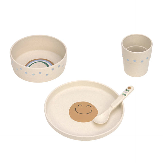 Lässig Kindergeschirr-Set Happy Rascals mit Teller, Schüssel, Becher und Löffel in Weiß mit lächelndem Motiv