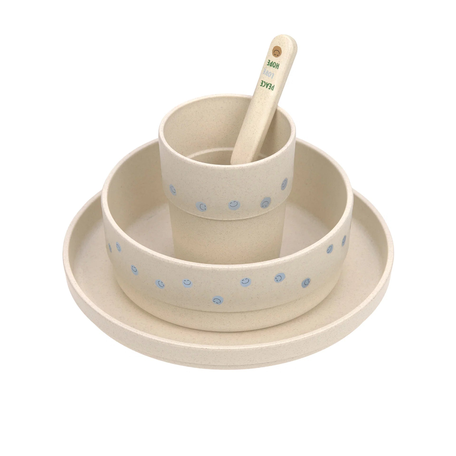 Lässig Kindergeschirr-Set Happy Rascals mit Teller, Schüssel, Becher und Löffel in Weiß mit lächelndem Motiv