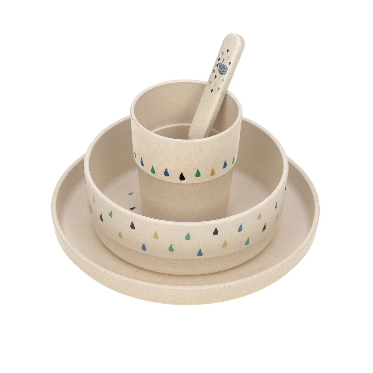 Kindergeschirr-Set Lässig Little Water mit Teller, Schüssel, Becher und Löffel in Blautönen mit Wal-Motiv