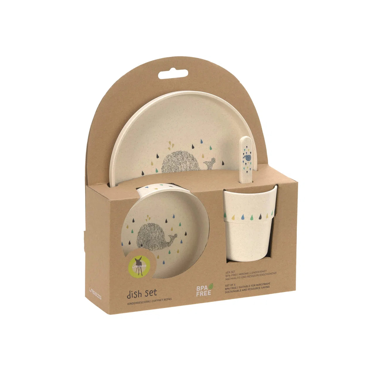 Kindergeschirr-Set Lässig Little Water mit Teller, Schüssel, Becher und Löffel in Blautönen mit Wal-Motiv