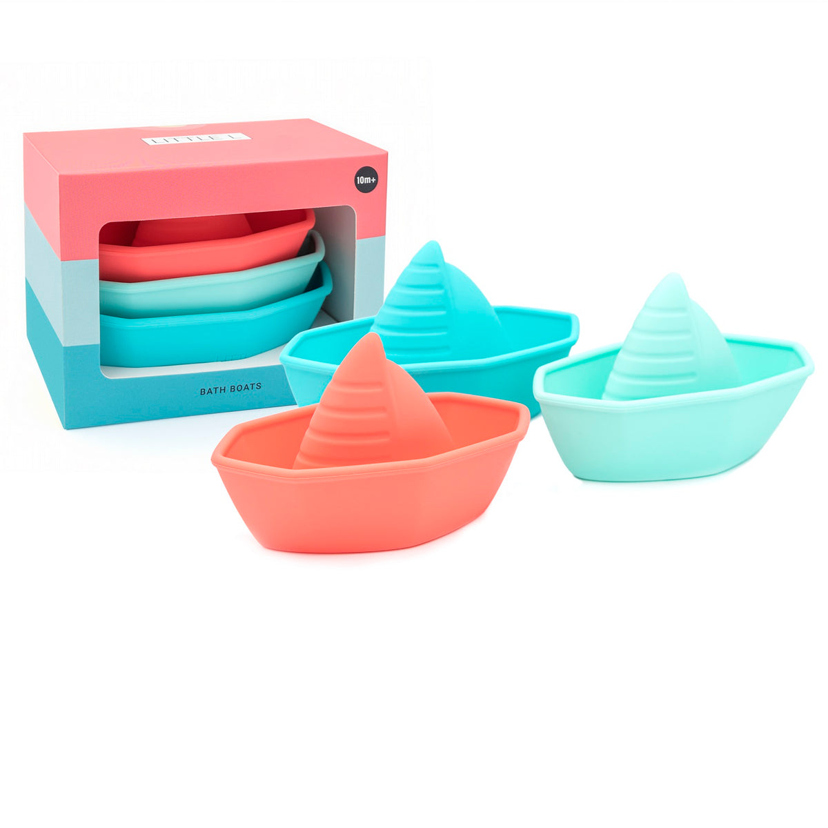 Verpackung der Little L Bath Boats mit den drei Booten davor