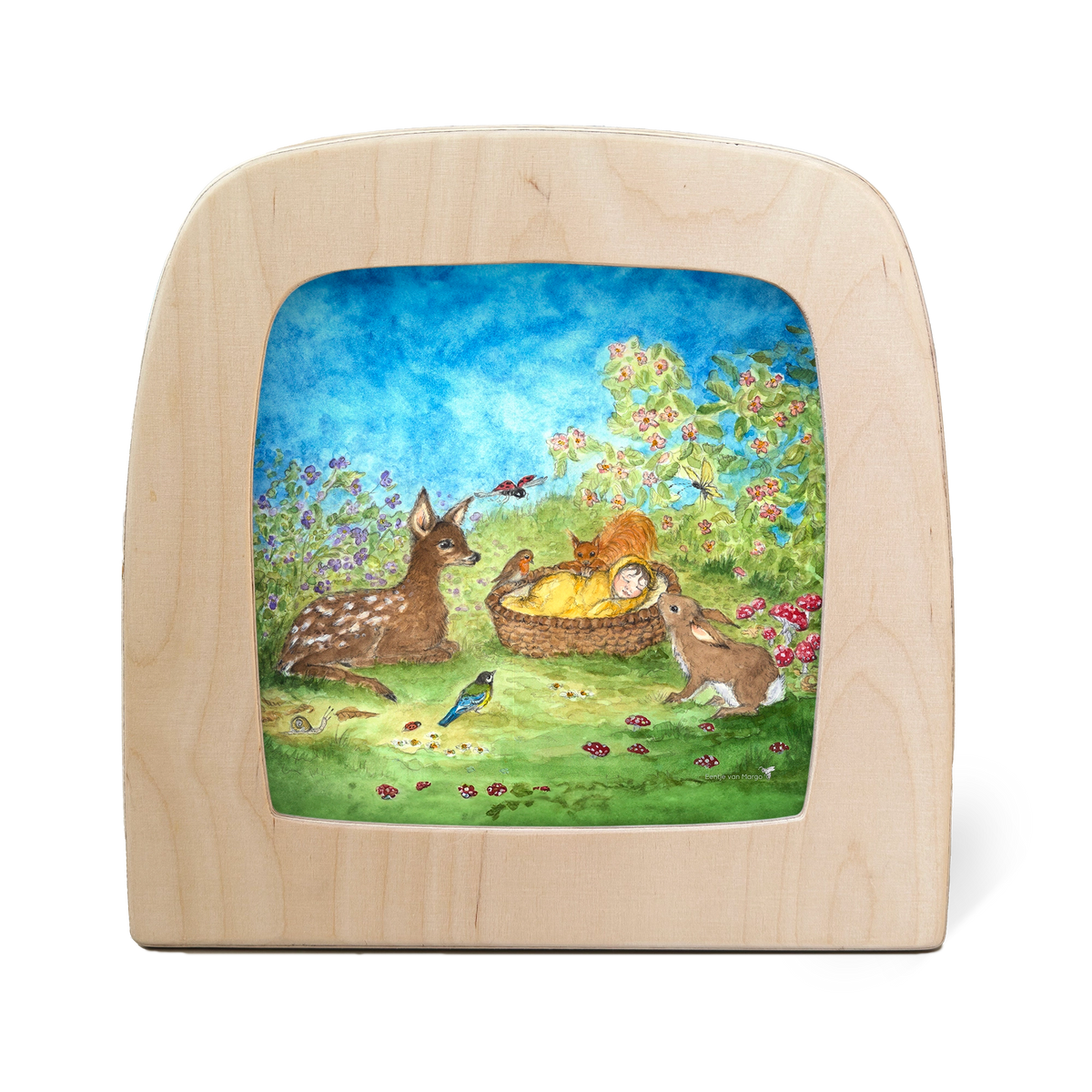 Toverlux Silhouettenlampe mit Holzrahmen, bunte Waldszene mit Reh, Haselmaus und Obst