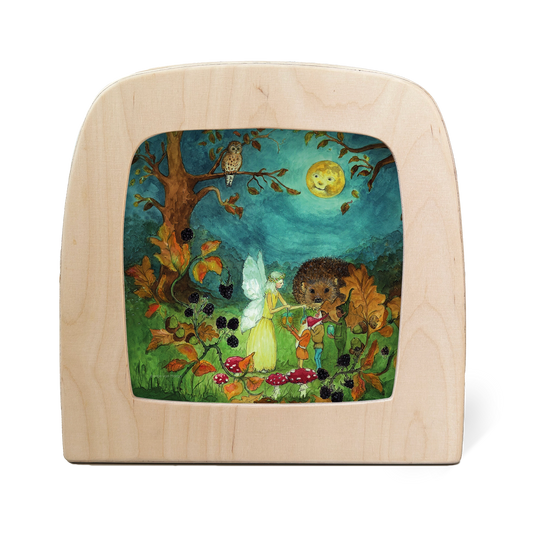 Toverlux Silhouettenlampe mit Holzrahmen, leuchtende Waldszene mit Fee, Pilzen und Tieren