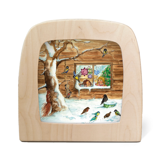 Toverlux Silhouettenlampe mit Waldszene, schneebedeckter Landschaft, Baum und mehreren Vögeln im Holzrahmen