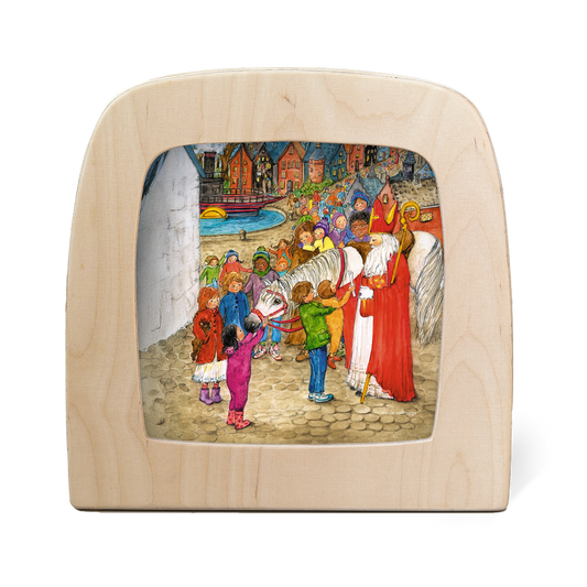 Toverlux Silhouette Anticipation in der Holzlampe: Sinterklaas mit Schimmel, umringt von Kindern am Hafen