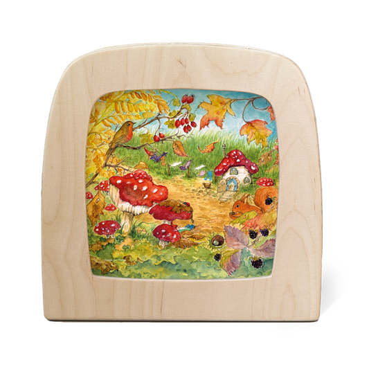 Toverlux Silhouette Gnome Village in der Holzlampe: Pilzhaus zwischen Fliegenpilzen, Rotkehlchen und Herbstlaub